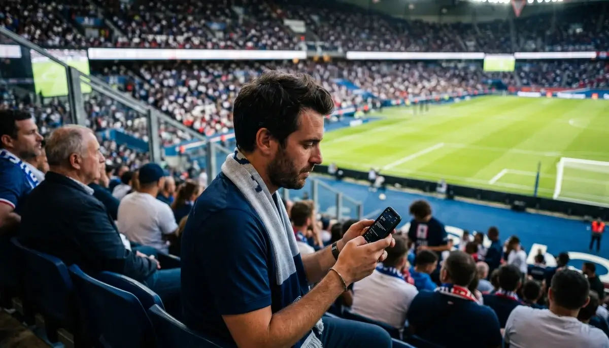 Supporter de football consultant son smartphone dans un stade français en 2026