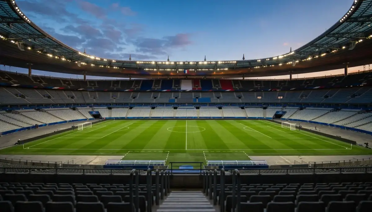 Stade de football français au crépuscule, ambiance de match de paris sportifs en France