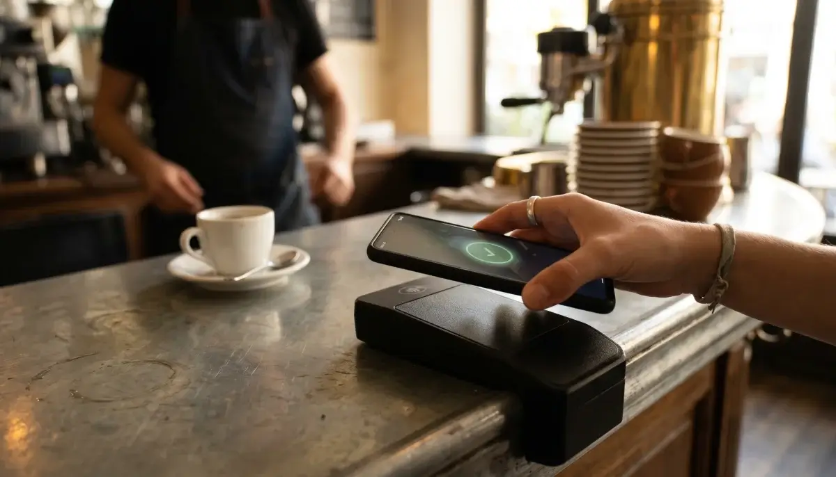 Paiement sans contact par smartphone dans un café parisien en 2026